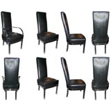 Set of Eight Black Leather Chairs with Lucite & Chrome