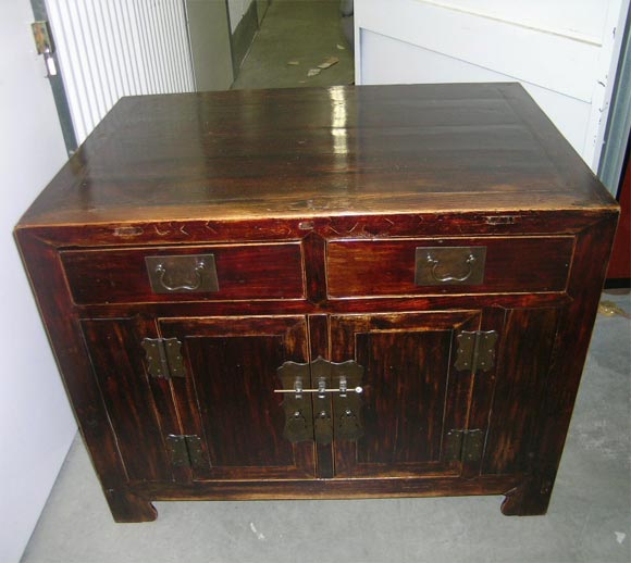 Lacquered 19th Century Qing Dynasty Southern Elm Buddhist Cabinet in Original Lacquer For Sale