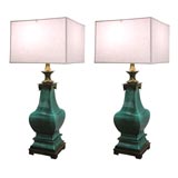 Vintage Pair of Green Porcelain Table Lamps by Stiffel