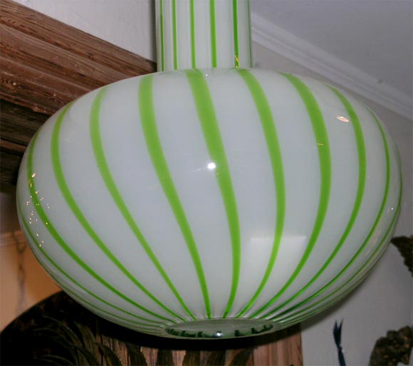 Mid-Century Modern Striped Green and White Murano Glass Bulb Form Ceiling Mount Fixture by Salviati