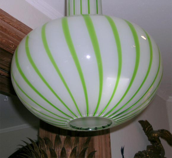 Striped Green and White Murano Glass Bulb Form Ceiling Mount Fixture by Salviati In Excellent Condition In Bridgehampton, NY