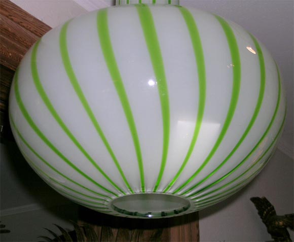 Mid-20th Century Striped Green and White Murano Glass Bulb Form Ceiling Mount Fixture by Salviati