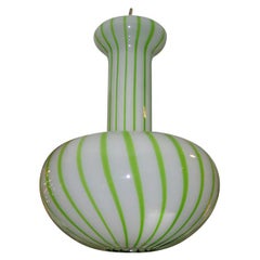 Striped Green and White Murano Glass Bulb Form Ceiling Mount Fixture by Salviati