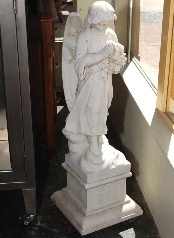 Antique Carrara Marble Standing Angel on Pedestal