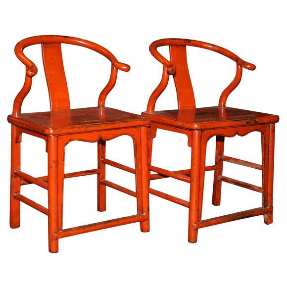 Pair of Chinese Red Lacquered Armchairs