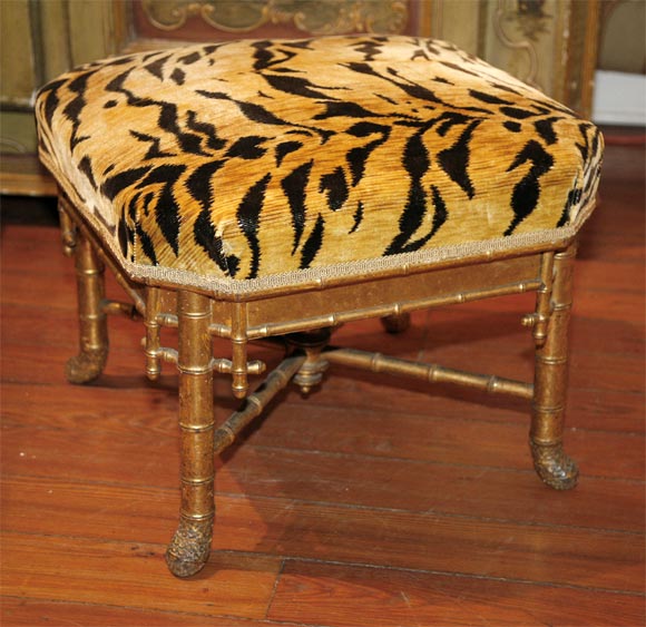 19thc French Gilt Faux Bamboo Tabouret with Clarence House Tiger Velvet Upholstery. Wonderful cut corner square shape.
