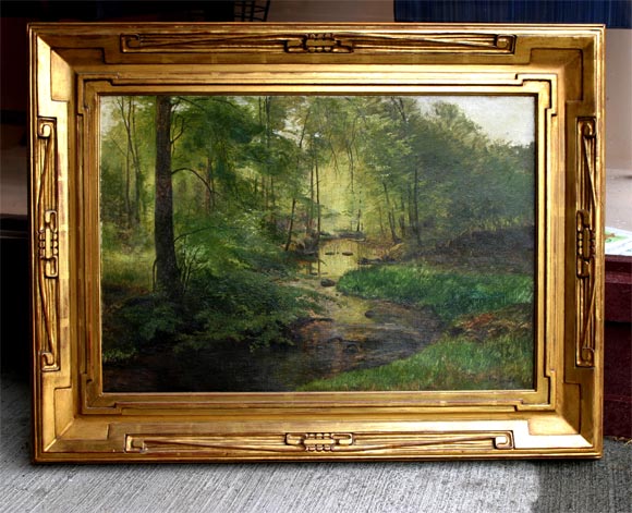 Very pleasant woodland scene of glade of trees with a river running through it by Janus La Cour a foremost landscape painter from the 19th century Danish School of Art. Janus La Cour was a member of the Danish Academy of Art and travelled