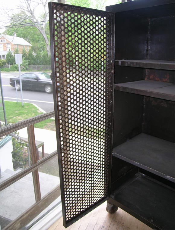 Mid-20th Century French Metal Two-Door Perforated Cabinet For Sale