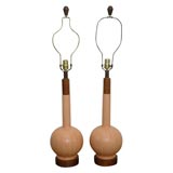 Pair of Danish Modern Ceramic and Walnut Lamps