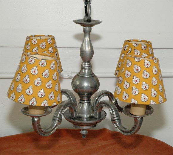 Pierre Deux solid pewter chandelier. Four lights, and it comes with 4 Pierre Deux shades which just snap on, so you can change them. Has a Made in France sticker on the chandelier.