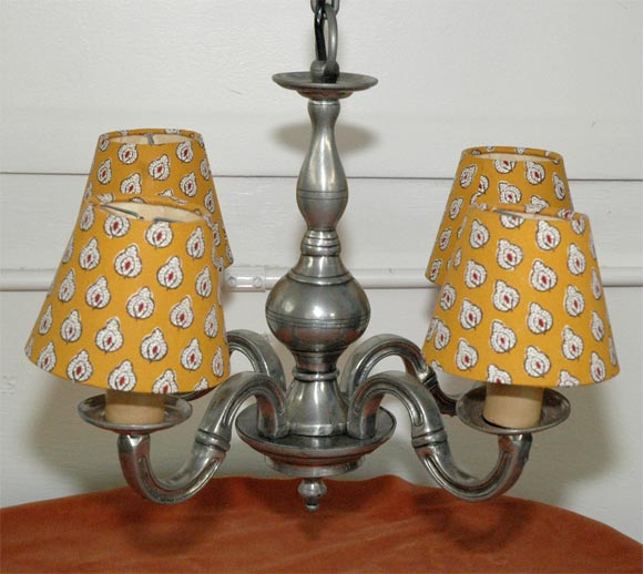 Pierre Deux solid pewter chandelier. Four lights, and it comes with 4 Pierre Deux shades which just snap on, so you can change them. Has a Made in France sticker on the chandelier.