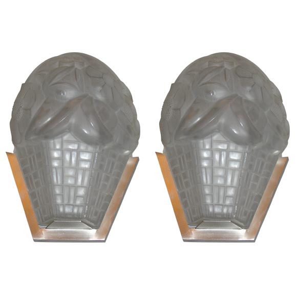 Signed French Art Deco Wall Sconces by Degue For Sale