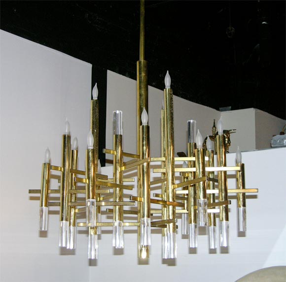 Mid-Century Modern Italian Brass Tube 'Cartesian' Chandelier by Gaetano Sciolari for Lightolier For Sale