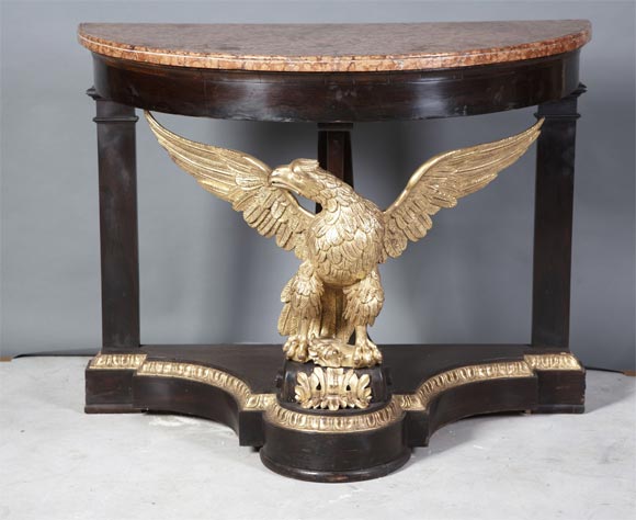 Neoclassical Italian eagle parcel-gilt and mahogany demilune console table with a beautiful marble top.
