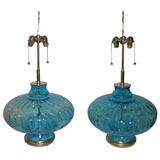 LARGE PAIR OF CLEAR GLASS LAMPS IN A STUNNING BLUE