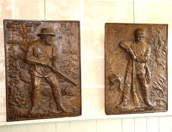Pair of French Carved Plaster Hunting Reliefs