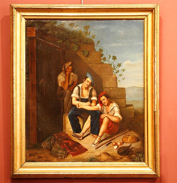 19th century oil on canvas painting of smugglers giving a tattoo, Hispano-Franco school, Pyrenees region, probably Pau, signed Rouede