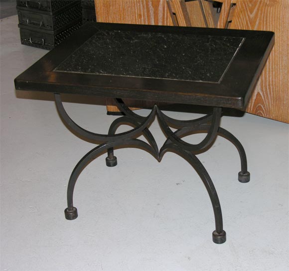 french side table in wrought iron, wood and slate