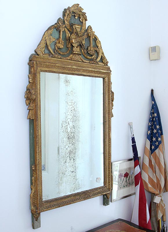 19th century wood carved mirror, hint of green paint in top of carving.