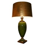 SPECTACULAR CERAMIC URN SHAPED LAMP WITH GILT LEAFED SHADE.
