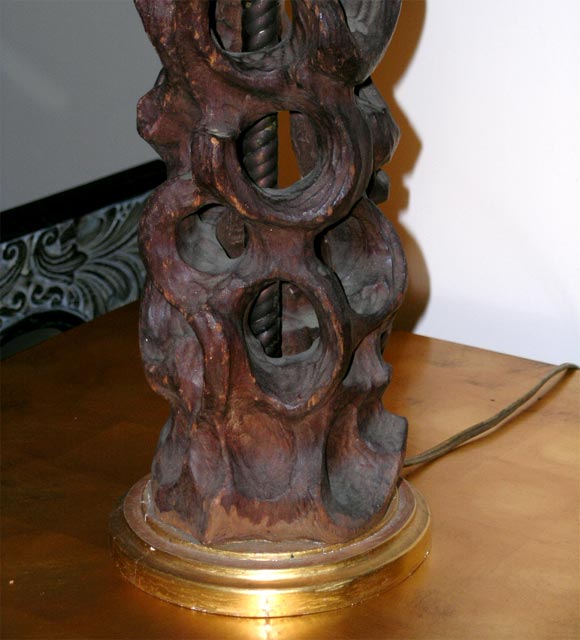 JAMES MONT BURL WOOD LAMP WITH HAND PAINTED PAGODA SHADE.