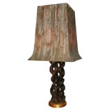 JAMES MONT BURL WOOD LAMP WITH HAND PAINTED PAGODA SHADE.