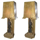 SPECTACULAR PAIR OF JAMES MONT LAMPS WITH ORIENTAL FIGURINES.