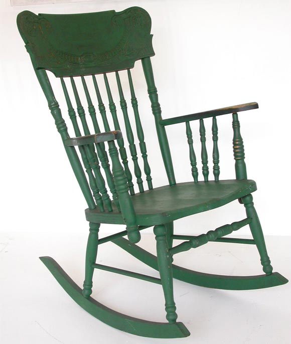 LATE 19THC PRESSED BACK ORIGINAL GREEN PAINTED ROCKING CHAIR FOUND IN LANCASTER CO.,PENNA. FROM A OLD AMISH FARM HOUSE GREAT OLD AGED LOOKING PAINT/SOFTLY WORN ARMS ON ROCKING CHAIR GREAT OLD PATINA OVERALL/ SUPER CONDITION