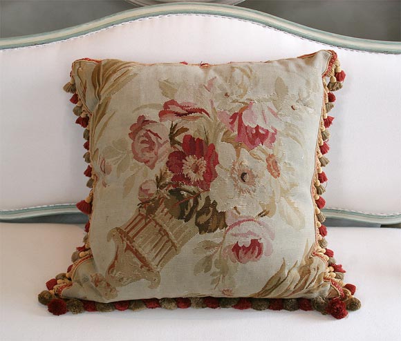 Antique Aubusson Pillow made from aubusson rug fragment with fringe