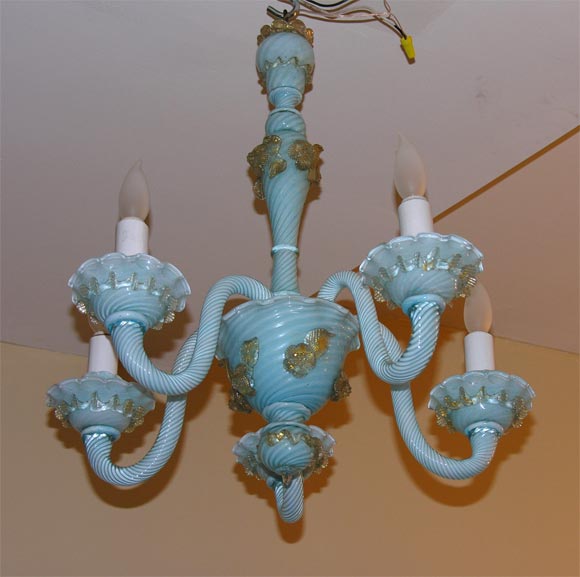 A very old sky blue Venetian Murano glass chandelier. The glass is sky blue with gold flower glass appliques applied.