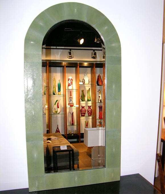 Large and Spectacular wall-hanging mirror with frame covered in celadon shagreen designed by Karl Springer, American 1980's (label on back reads 