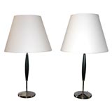 Pair of Lamps with Round Nickel Bases and Ebonized Wood Body