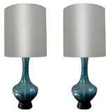 Pair of Vintage Handblown Blue Marbro  Glass Lamps