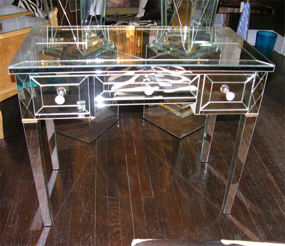 Custom Neoclassical Modern gold trim mirrored desk with X-detail. Customization is available in different sizes, finishes and hardware.