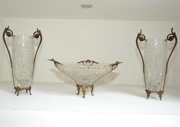 Pair of Bohemian Crystal Vases and Center Piece