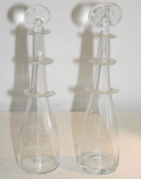 PAIR SIGNED GLASS DECANTERS "GIRAFE"