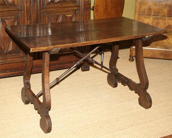 Walnut Treslle Table with Iron Stretcher