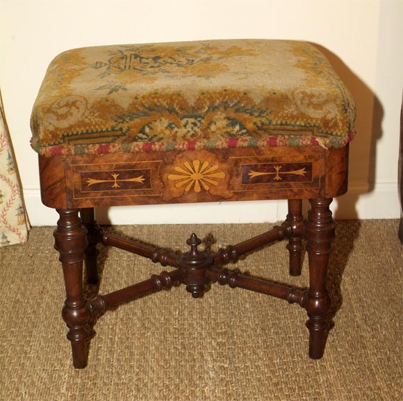 An English Rosewood and Walnut Marquetry  Stool with Raising and Lowering Mechanism. Circa 1860.  Original Needlework Upholstered Seat. Chas. Wadman, Bath, Maker.