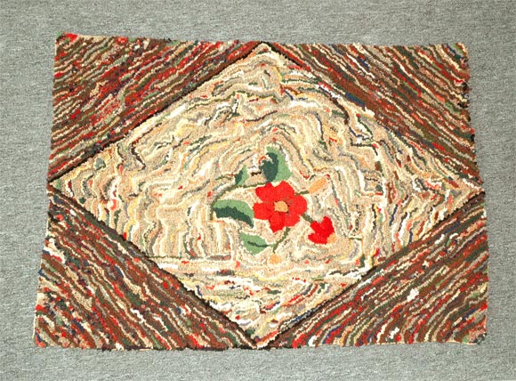 19THC NEW ENGLAND HAND HOOKED FLORA RUG MOUNTED