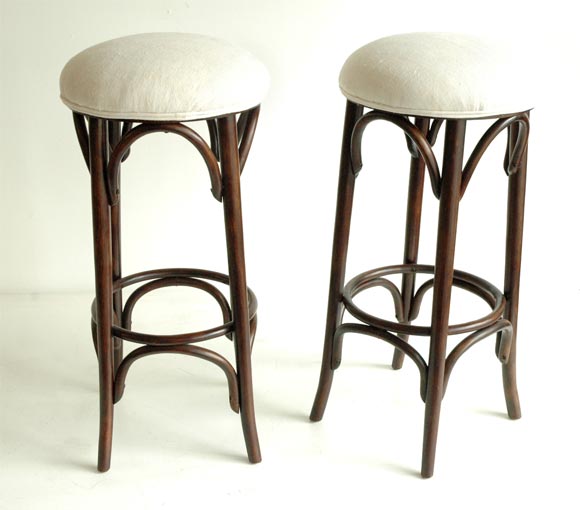 GREAT SET OF TWO BAR STOOLS IN OLD SURFACE WITH 19THC STRONG HOMSPUN LINEN SEATS/GREAT CONDITION. FOUND IN NEW ENGLAND