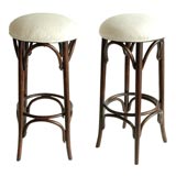 SET OF TWO BENTWOOD  1920'S  BAR STOOLS WITH LINEN SEATS