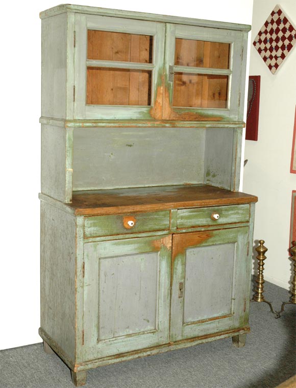 19THC ORIGINAL PAINTED TWO PIECES STEPBACK CUPBOARD WITH GREAT PATINA/SQUARE NAIL CONSTRUCTION