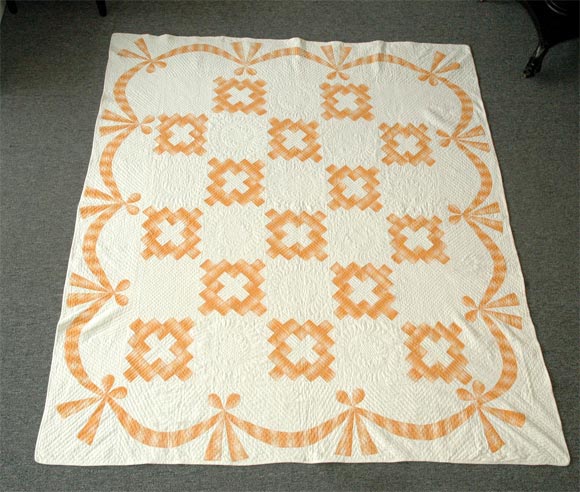 RARE AND UNUSUAL TANGERINE ON WHITE GROUND 19THC PENNSYLVANIA CHIMNEY SWEEP WITH A SWAG BORDER,WONDERFUL FEATHER QUILTING AND PRISTINE CONDITION ,CIRCA 1850-1860