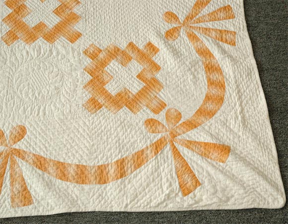 American 19THC CHIMNEY SWEEP PATTERN QUILT/TANGERINE ON WHITE