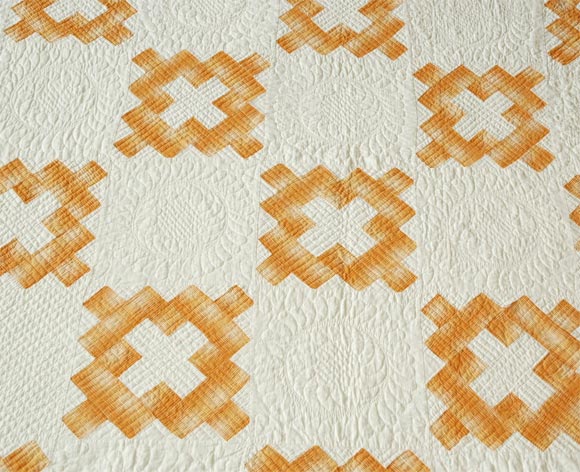 19THC CHIMNEY SWEEP PATTERN QUILT/TANGERINE ON WHITE 1