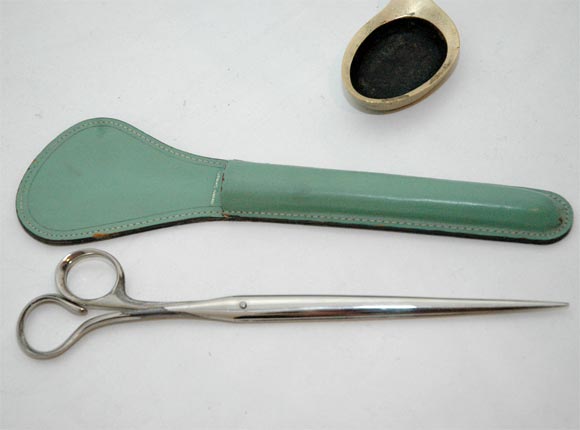 Leather Josef Hoffmann Dish, A. Campi Scissors, and C. Aubock Tray