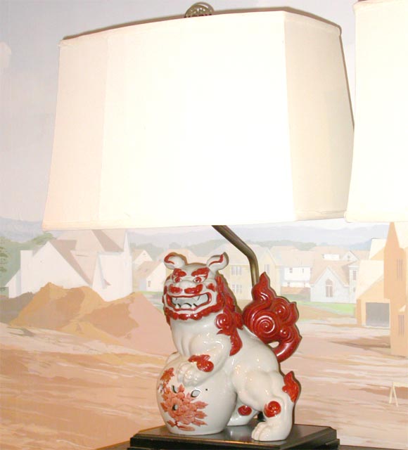 Chinese pair of porcelain foo dog lamps