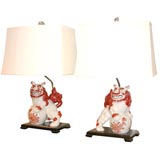Retro pair of porcelain foo dog lamps