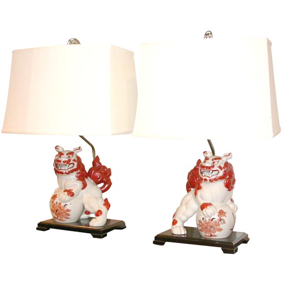 pair of porcelain foo dog lamps