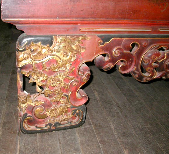 Large Red Lacquered Chinese Bed with Canopy